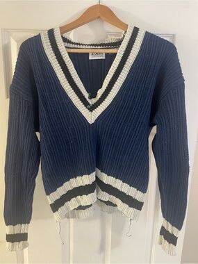27 Miles Navy V-Neck Ribbed Sweater with White & Black Stripe Trim